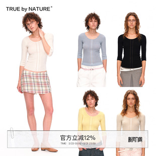 针织短袖 NATURE 修身 T恤女 坑条纹镂空拼接设计轻薄七分袖 TRUE