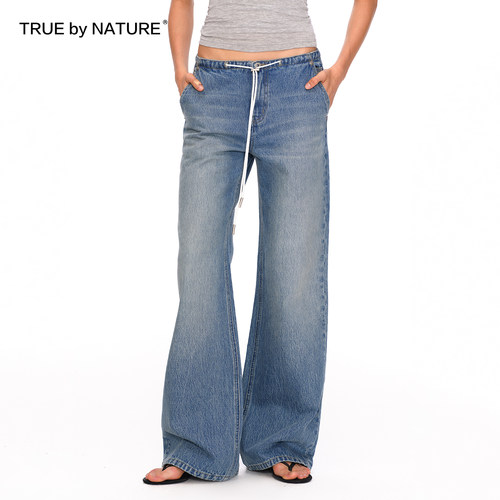 TRUE by NATURE经典复古水洗无腰头抽绳设计感中腰直筒阔腿牛仔裤