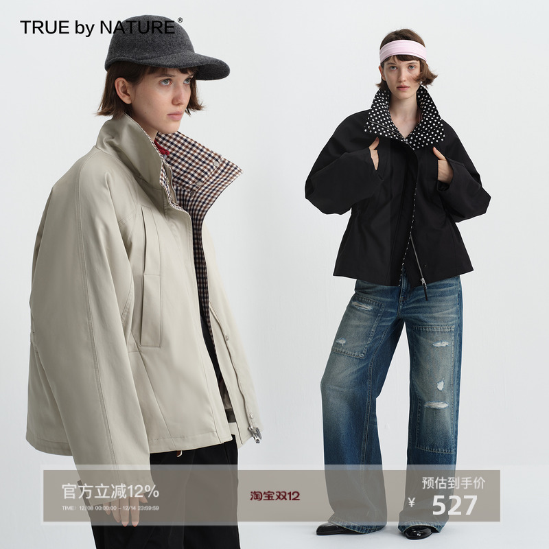 复古拼接撞色波点格纹翻领棉衣