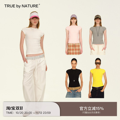 TRUE by NATURE 高密螺纹面料基础多色弧形小飞袖圆领修身短袖T恤