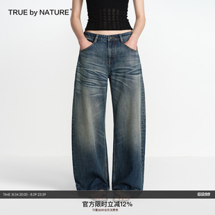 TRUE by NATURE 复古深蓝色水洗猫须做旧低腰阔腿弯刀牛仔裤女