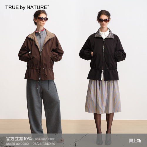 正反两穿格子短款风衣外套夹克