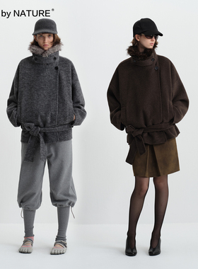 TRUE by NATURE 70%羊毛 复古双面呢可拆卸毛领短款毛呢大衣外套