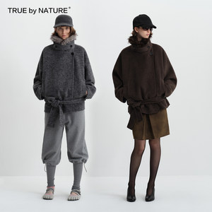 TRUE by NATURETRUE by NATURE 70%羊毛 复古双面呢可拆卸毛领短款毛呢大衣外套