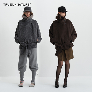 复古双面呢可拆卸毛领短款 TRUE 70%羊毛 NATURE 毛呢大衣外套