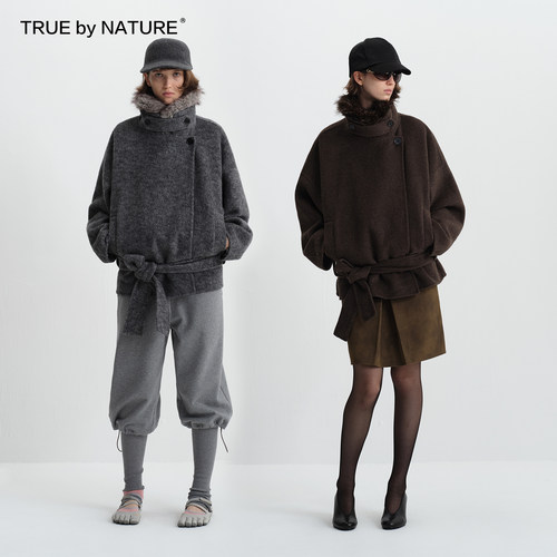 TRUE by NATURE 70%羊毛 复古双面呢可拆卸毛领短款毛呢大衣外套
