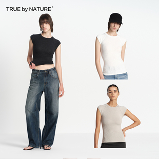TRUE by NATURE 莫代尔棉插肩小飞袖竹节纹肌理感圆领修身短袖t恤