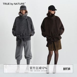 复古双面呢可拆卸毛领短款 TRUE 70%羊毛 NATURE 毛呢大衣外套