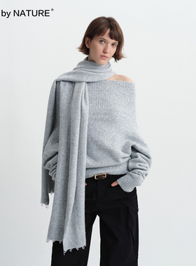 TRUE by NATURE 灰色慵懒感宽松一字肩针织毛衣围巾两件套上衣