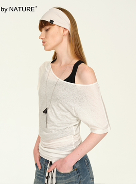 TRUE by NATURE 雪花纱 天丝亚麻大弧形U领斜肩轻薄微透短袖T恤女