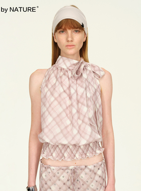 TRUE by NATURE 可拆卸飘带挂脖无袖格子背心花苞小众设计感上衣