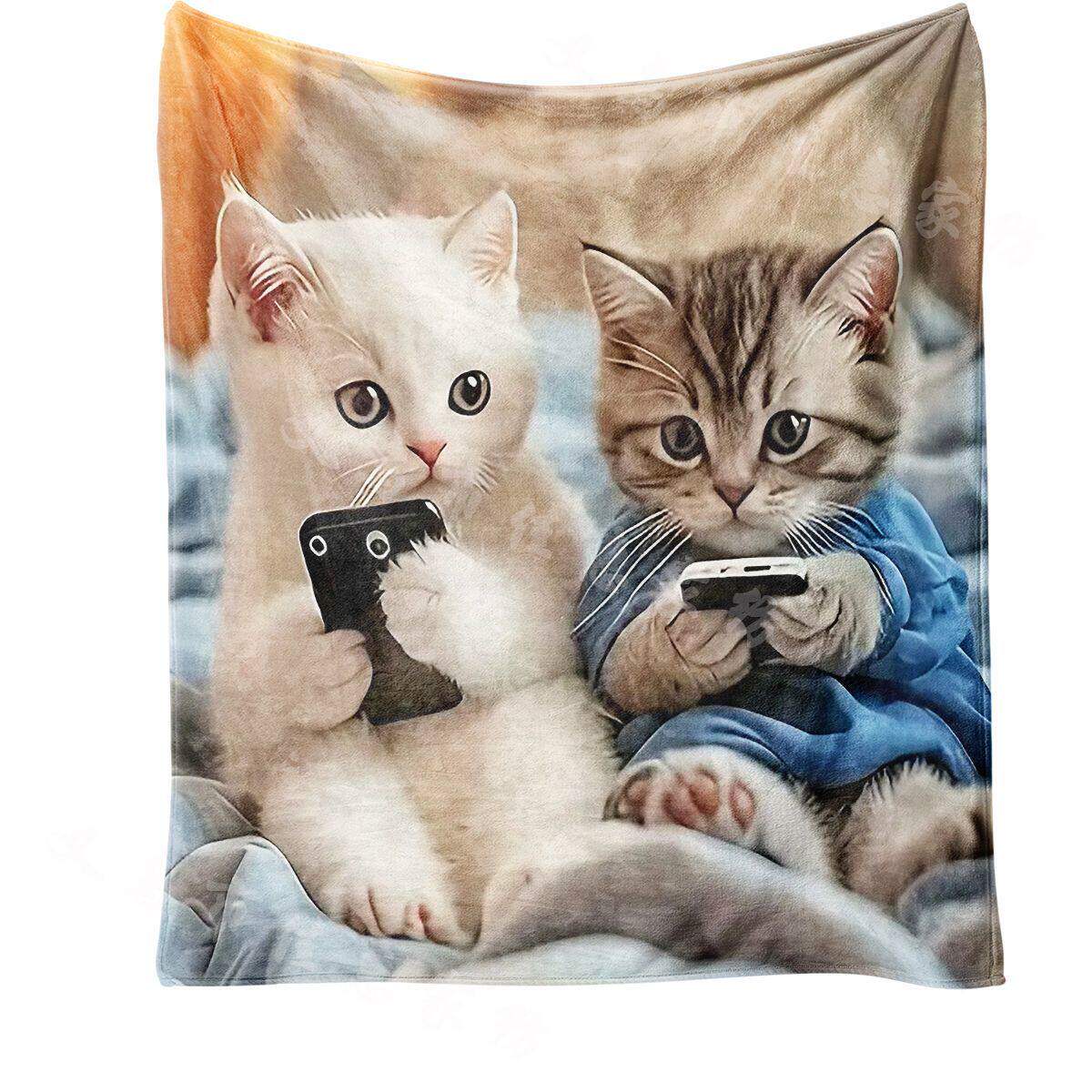 时尚潮流个性猫咪休闲毯卡通印花夏季薄款法兰绒午休毯