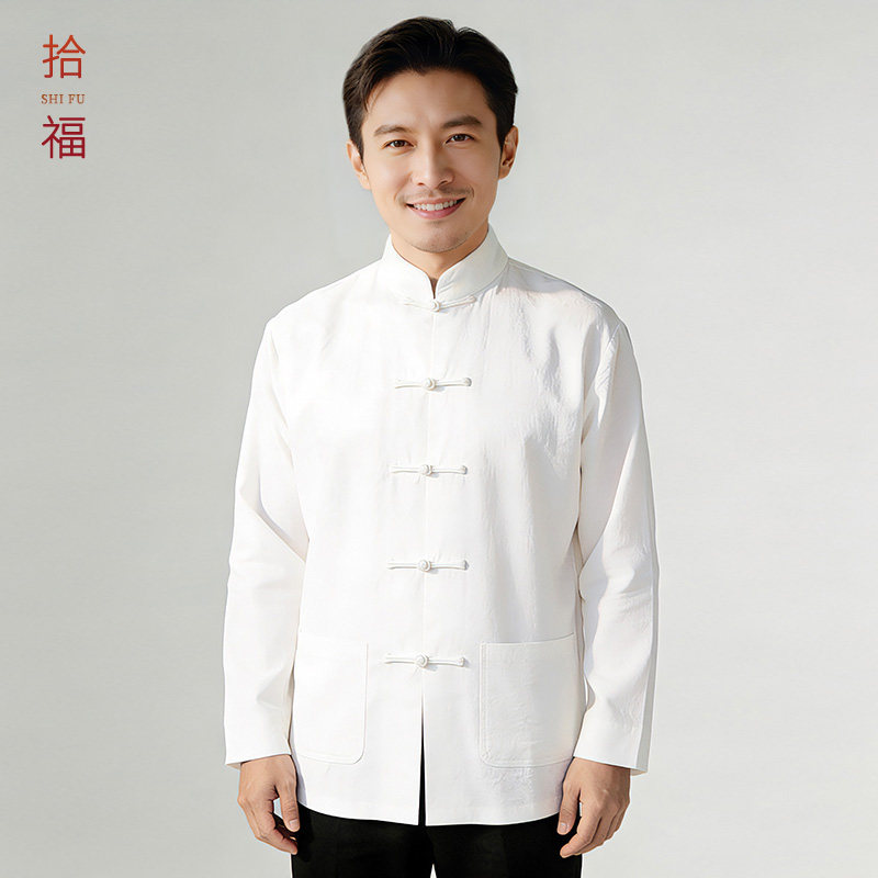 中青年男士春夏国风盘扣长袖唐装立领纯色白色打底衫上衣男装衣服