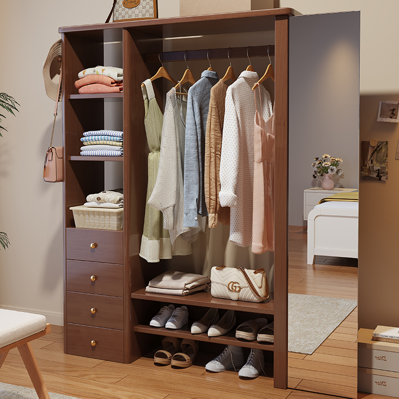 实木衣帽架穿镜一体置物落地