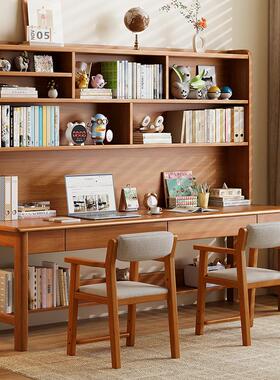 实木双人书桌书架一体儿童学习桌多人组合小学生写字桌家用电脑桌