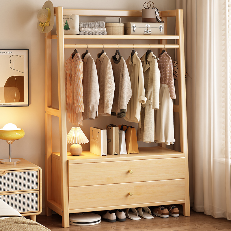 实木衣帽架带抽屉落地卧室