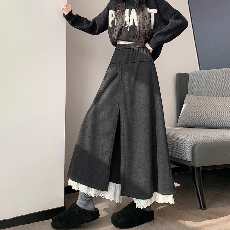 加绒拼接蕾丝花边阔腿裤女2026新款秋冬高腰宽松显瘦毛呢梧桐裙裤