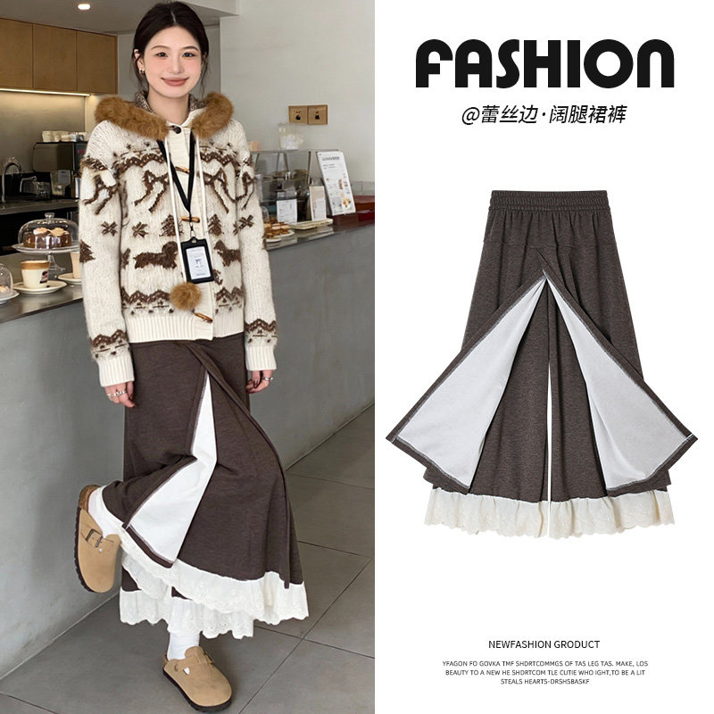假两件毛呢蕾丝拼接阔腿裙裤法式百搭慵懒遮胯今年流行梧桐裤裙裤,女装/女士精品,休闲裤,淘宝优惠券,粉丝福利购,淘宝优惠卷