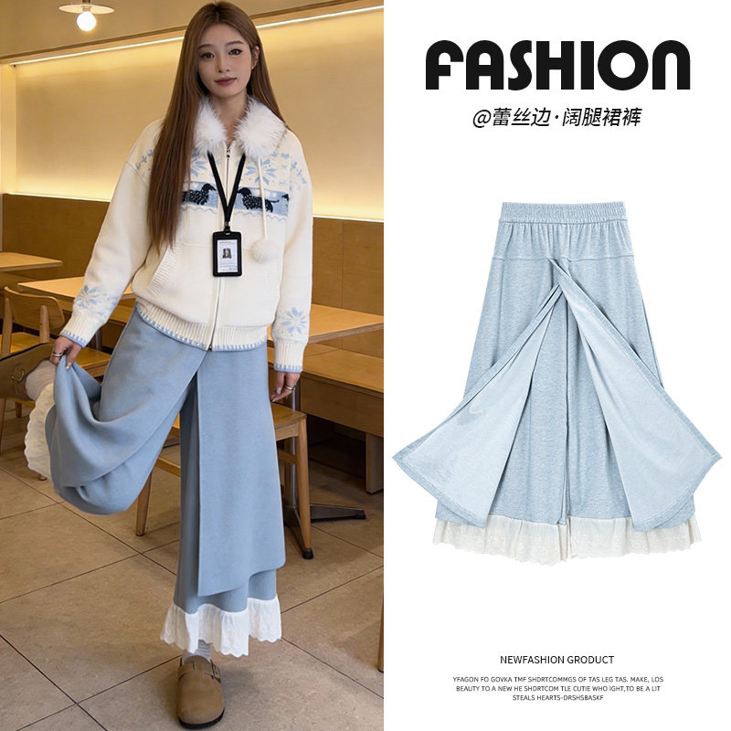 拼接蕾丝花边阔腿裤女2026新款百搭高腰时尚风假两件加绒毛呢裤裙,女装/女士精品,休闲裤,淘宝优惠券,粉丝福利购,淘宝优惠卷
