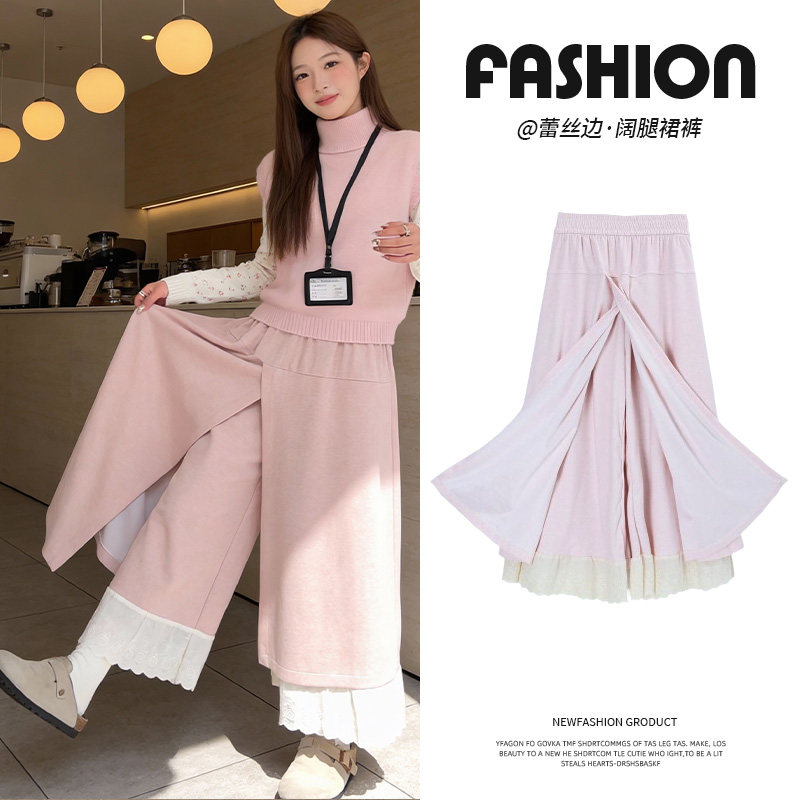 韩系拼接阔腿裙裤女秋冬2026新款高腰慵懒休闲设计感蕾丝花边裙裤,女装/女士精品,休闲裤,淘宝优惠券,粉丝福利购,淘宝优惠卷