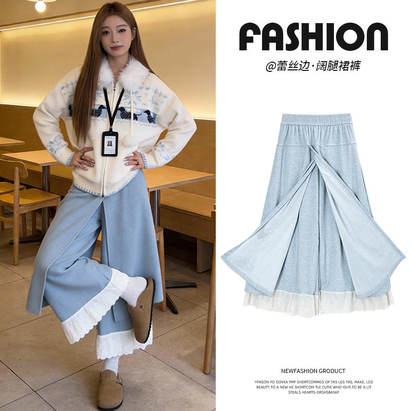 拼接蕾丝花边加绒阔腿裤女2026新款休闲风百搭假两件加绒毛呢裤裙,女装/女士精品,休闲裤,淘宝优惠券,粉丝福利购,淘宝优惠卷