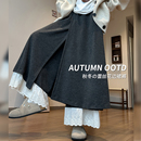 假两件加绒拼接蕾丝花边裙裤 女秋冬百搭休闲宽松小个子梧桐阔腿裤