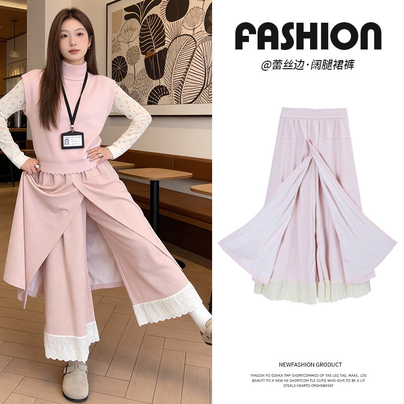 韩系拼接阔腿裙裤女秋冬2026新款加绒加厚休闲设计感蕾丝花边裙裤,女装/女士精品,休闲裤,淘宝优惠券,粉丝福利购,淘宝优惠卷