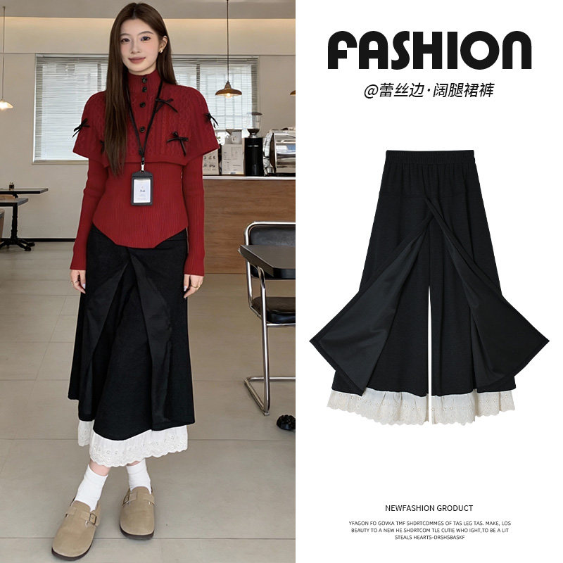 拼接蕾丝花边阔腿裤女秋冬2026新款高腰宽松百搭流行加绒梧桐裙裤,女装/女士精品,休闲裤,淘宝优惠券,粉丝福利购,淘宝优惠卷