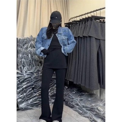 灰色假两件屁帘微喇裤女秋冬季