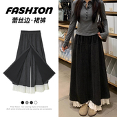 百搭秋冬休闲高腰宽松显瘦裙裤 加绒拼接蕾丝花边阔腿裤 女2025新款