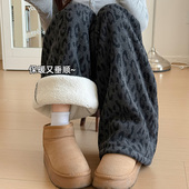 豹纹印花加绒加厚阔腿裤 女2025秋冬羊羔绒高腰小个子显瘦休闲裤 子