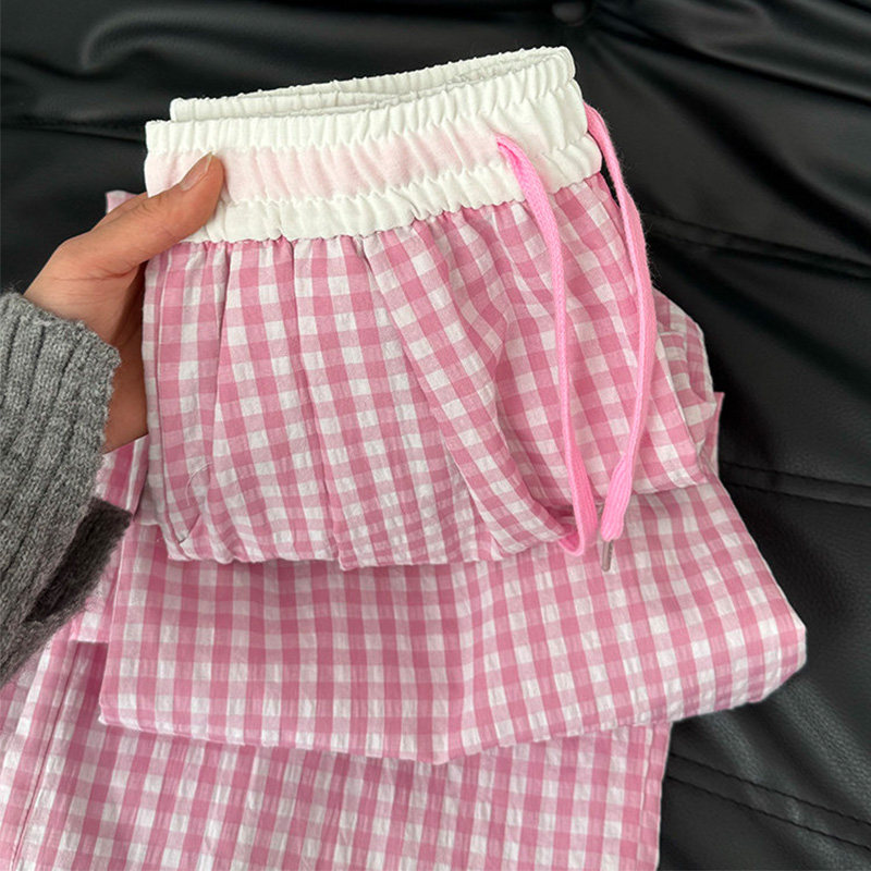 粉色撞色格子裤女2026新款ins风抽绳高腰宽松显瘦休闲垂感拖地裤,女装/女士精品,休闲裤,淘宝优惠券,粉丝福利购,淘宝优惠卷