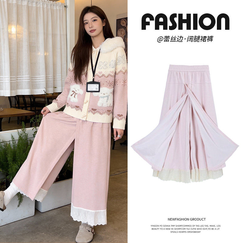 假两件加绒拼接蕾丝花边裙裤女秋冬宽松显瘦糯米毛呢梧桐阔腿裤子,女装/女士精品,休闲裤,淘宝优惠券,粉丝福利购,淘宝优惠卷