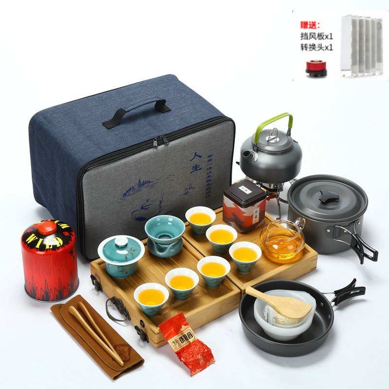 旅行茶具户外炊具泡茶做饭露营套装野餐自驾游猛火防风炉头竈锅具