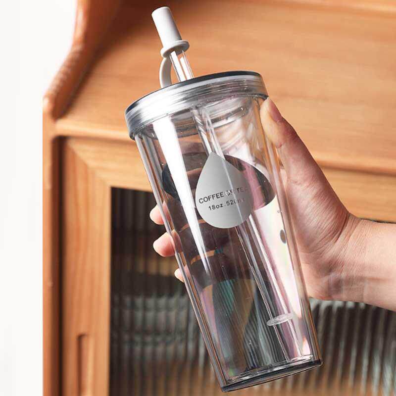 双层塑料吸管杯可循环使用大容量透明水杯奶茶杯子家用随行咖啡杯