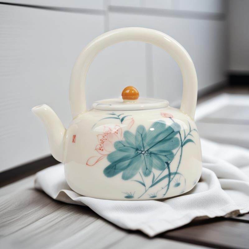 手绘荷花提梁壶茶具套装家用泡茶壶茶杯釉下彩高档泡茶陶瓷大容量