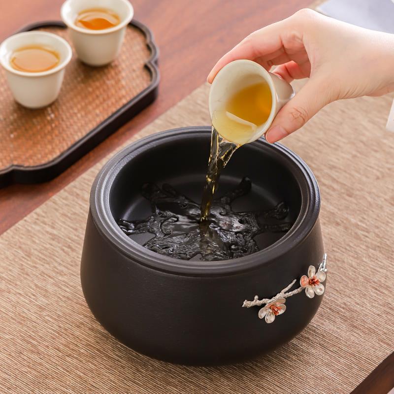 带盖茶洗茶渣缸陶瓷建水特大号水盂废水桶烟灰缸茶具配件茶水缸