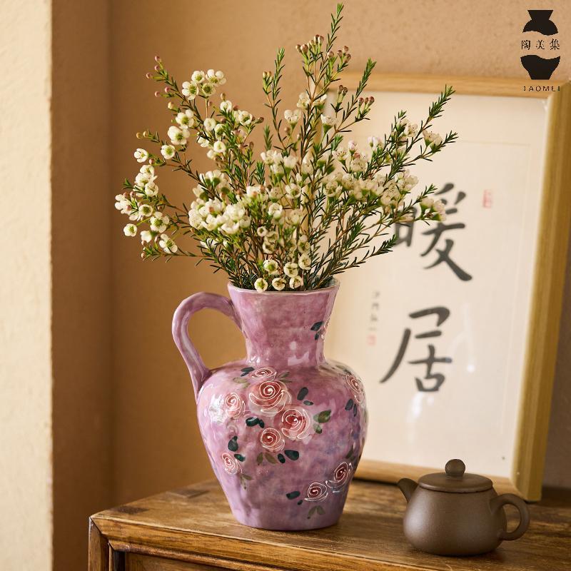 陶美集中式釉下彩陶瓷花瓶景德镇手绘玫瑰客厅水培鲜花小花器摆件