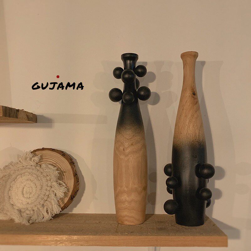 GUJAMA原创侘寂风日式复古实木球渐层花瓶家居民宿咖啡厅装饰摆饰