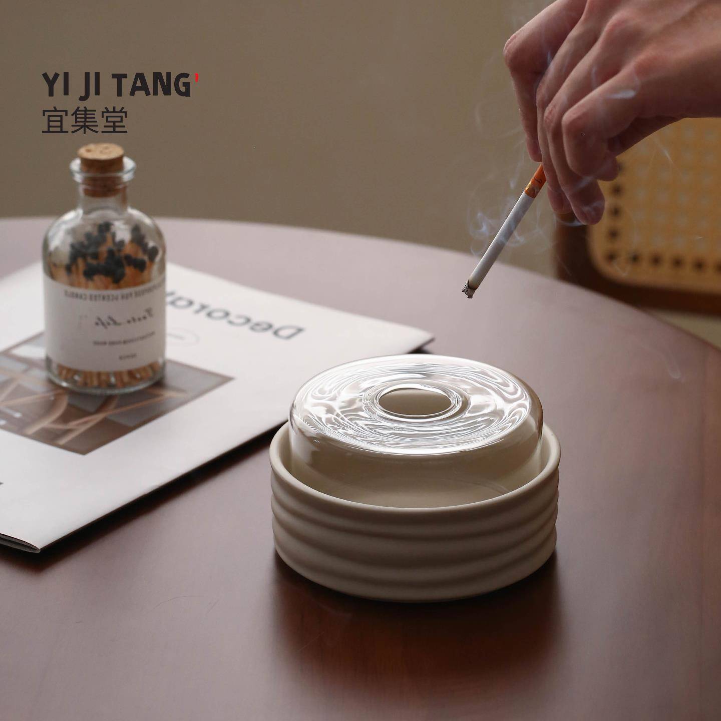 宜集堂INS中古烟灰缸防灰飞高级感带盖陶瓷玻璃雪茄专用酒店茶桌