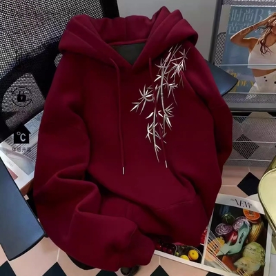 新中式国潮竹叶印花重磅连帽卫衣