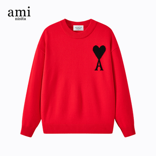 AMI NISITA官方红色毛衣男女情侣秋冬美式休闲爱心刺绣针织衫上衣