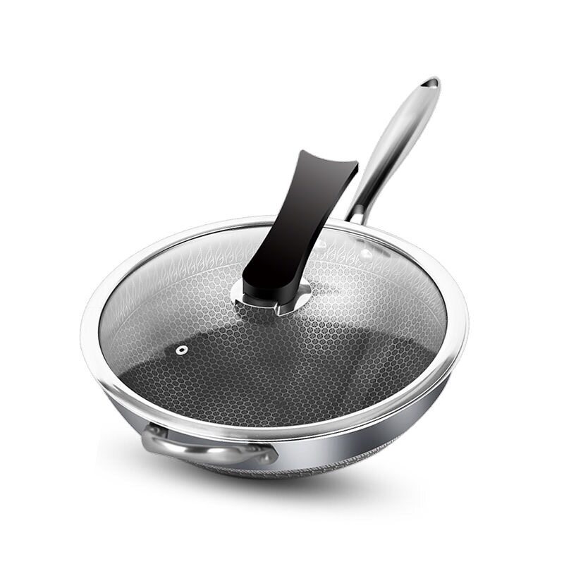 304七层复合钢蜂窝双面屏不锈钢炒锅少油烟不粘锅无涂层炒锅