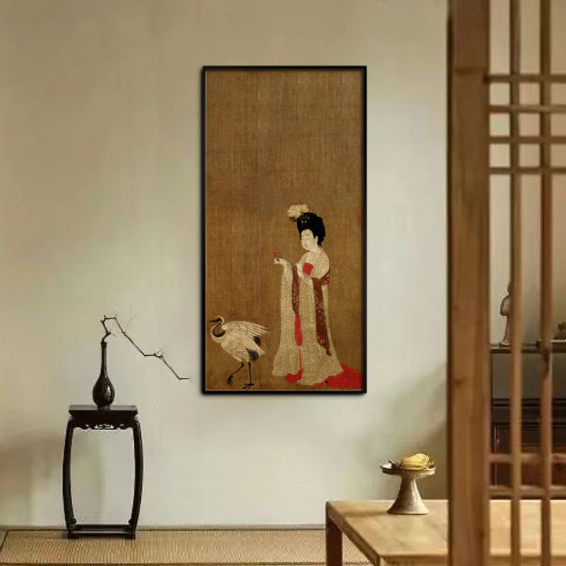 簪花仕女图茶室装饰画唐代美学国画中式客厅壁画酒店大堂挂画六联