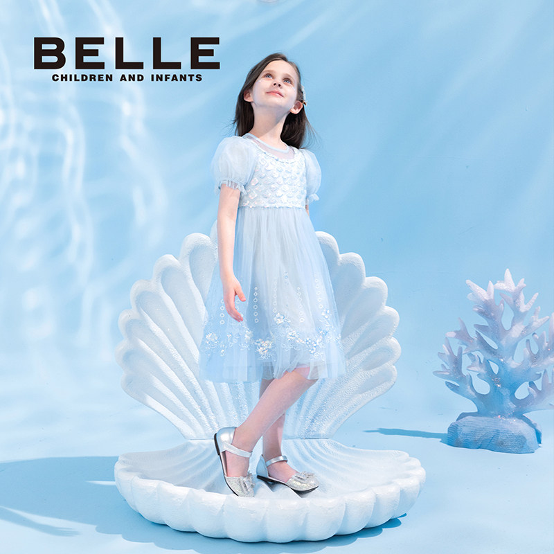 百丽童装女童公主裙灯笼袖网纱连衣裙2026春夏新款蓝色生日礼服裙