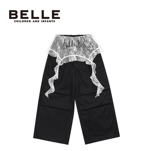 百丽童装女童蕾丝边微喇裤春季新款时尚女孩牛仔裤儿童休闲喇叭裤