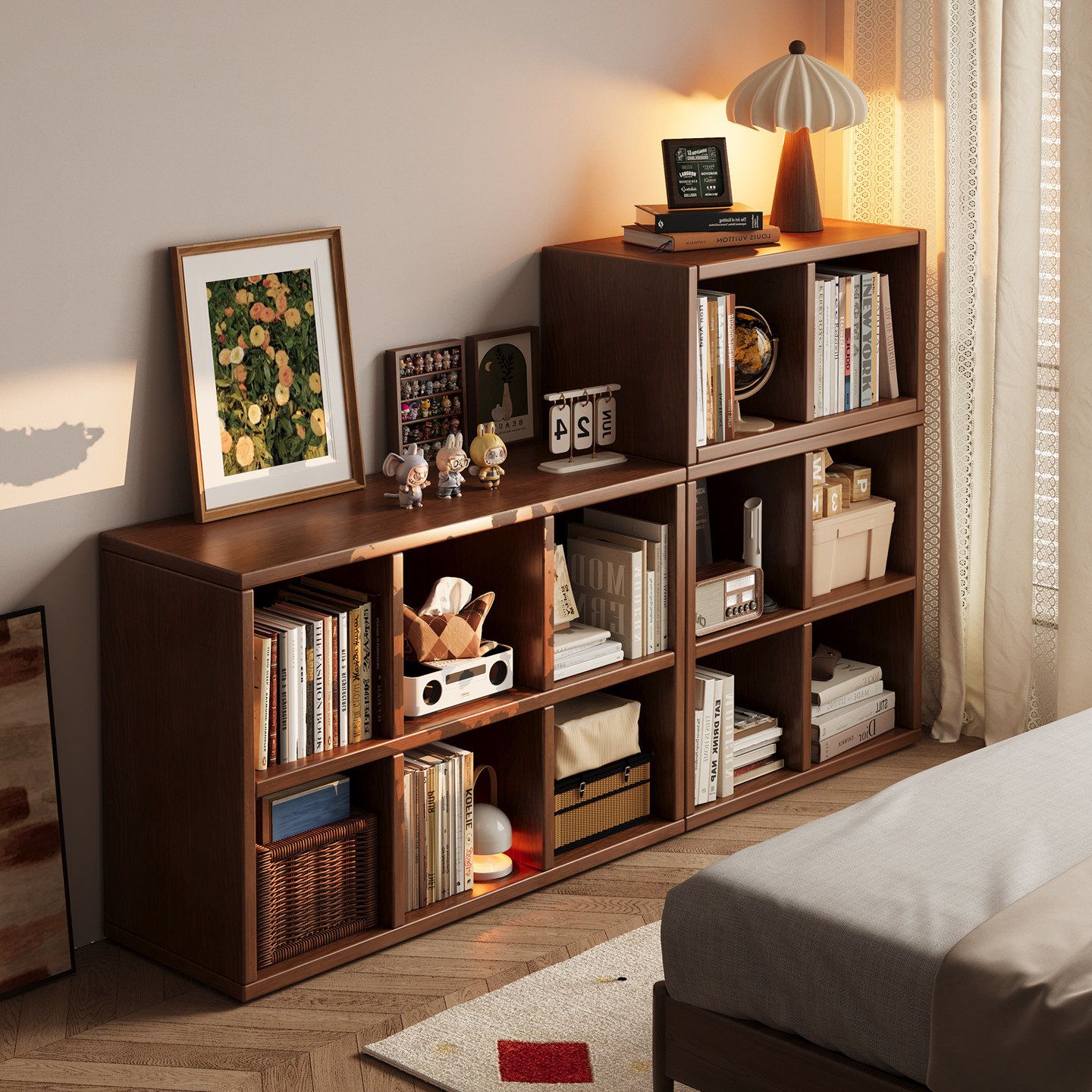 顾家家居书架落地置物架家用矮柜书柜储物一体靠墙自由组合格子柜