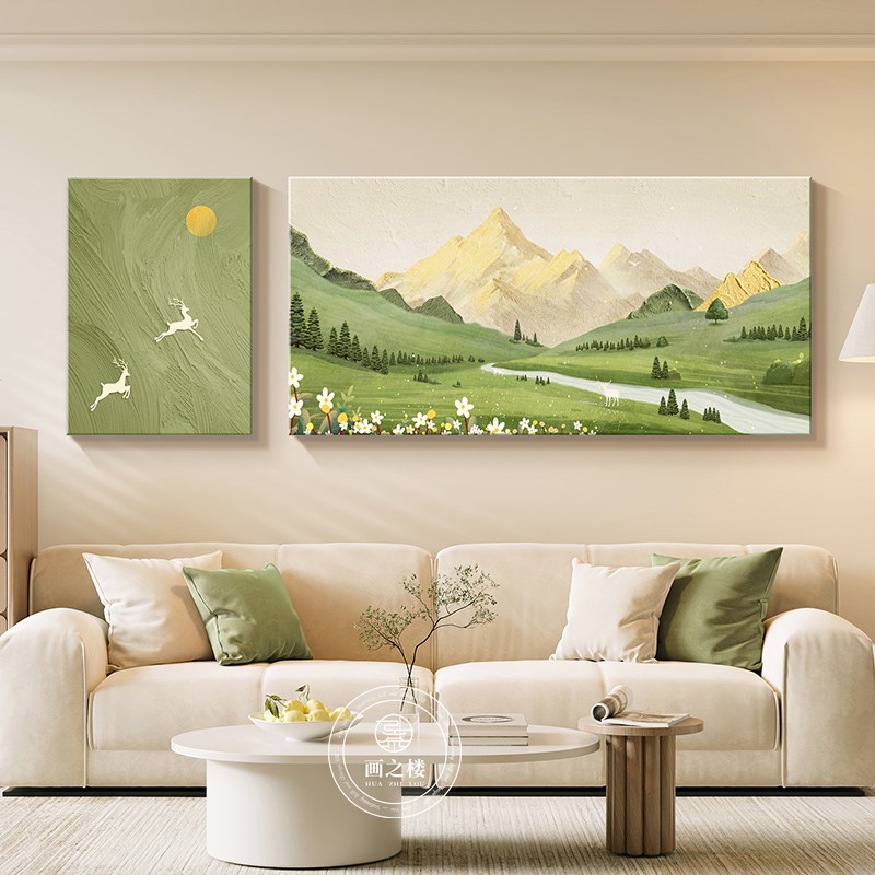 聚宝盆沙发背景墙挂画现代简约背有靠山客厅组合装饰画麋鹿山水画图片