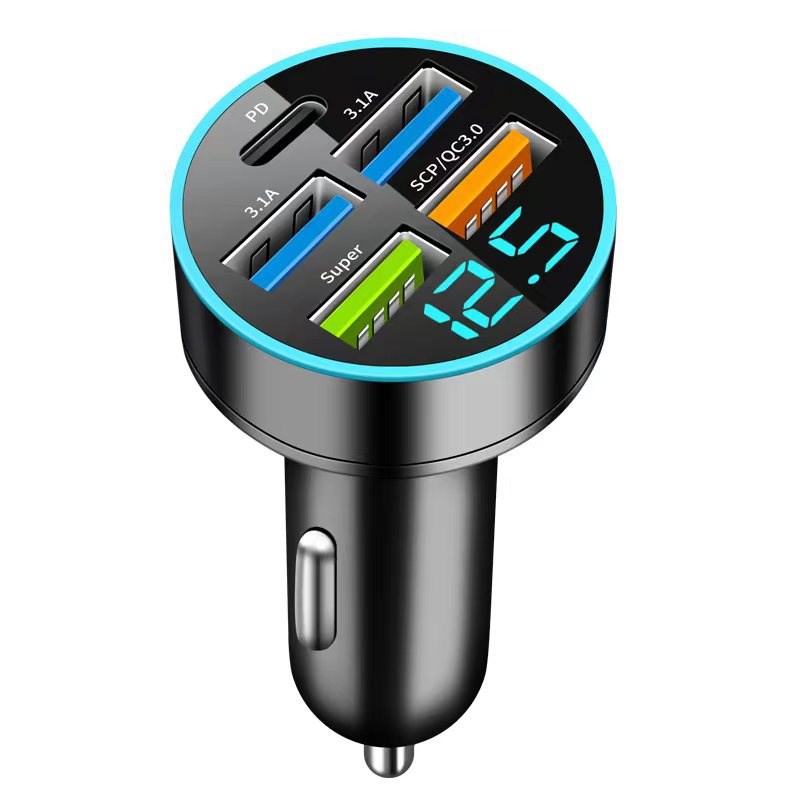 新款数显车充 4usb 66W快充 PD手机充电头一拖四QC3.0车载充电器