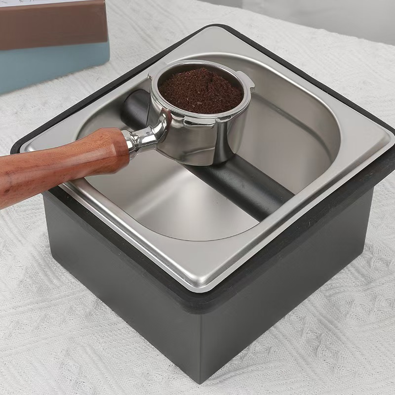 批发不锈钢咖啡敲渣盒黑底座正方形原色粉渣桶咖啡器具粉渣盒废渣